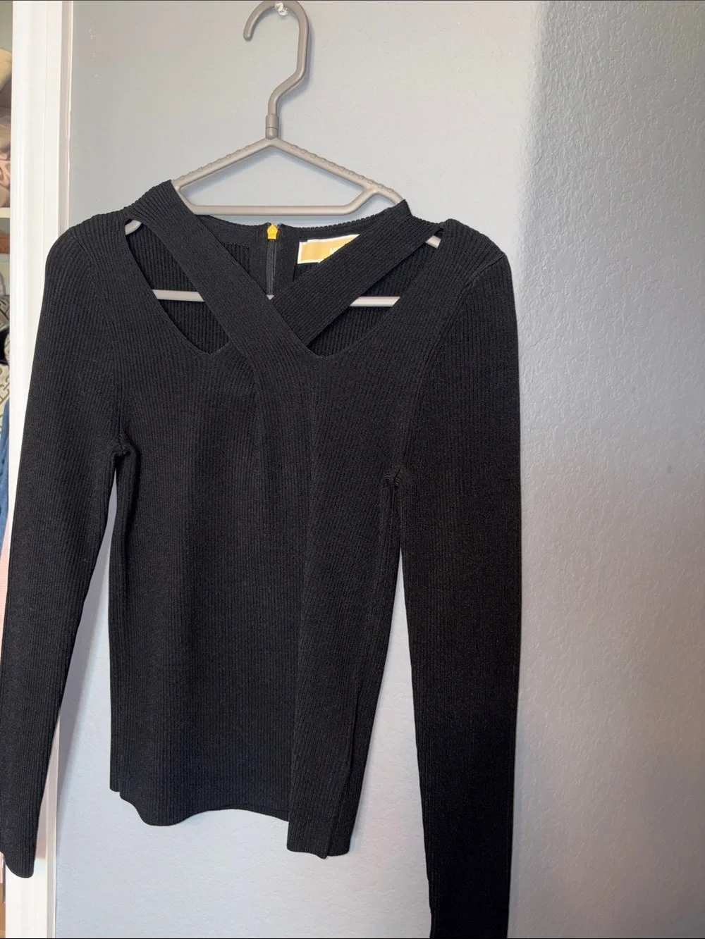 Michael Kors Black Ribbed Long Sleeve Top with Crisscross Detail